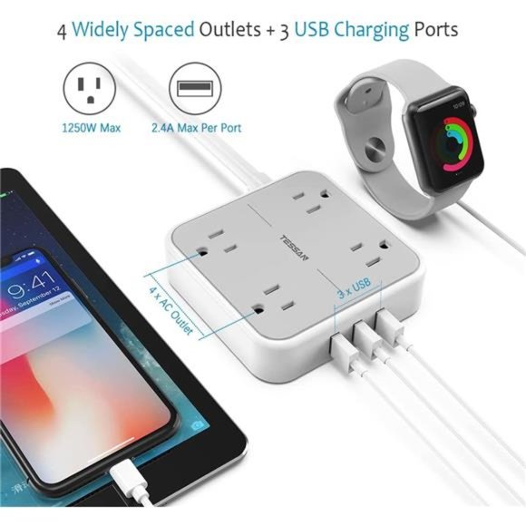 Power Strip with 3 USB Ports, 5 ft Extension Cord Flat Plug with 4 Outlets - Picture 2 of 6